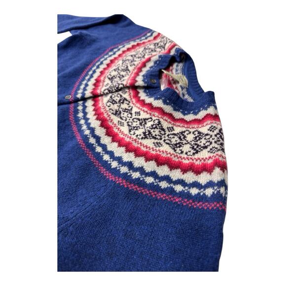 LL Bean Lamb Wool Cardigan Sweater Women's L-Reg Button Up Blue Pink Fair Isle - Picture 7 of 8